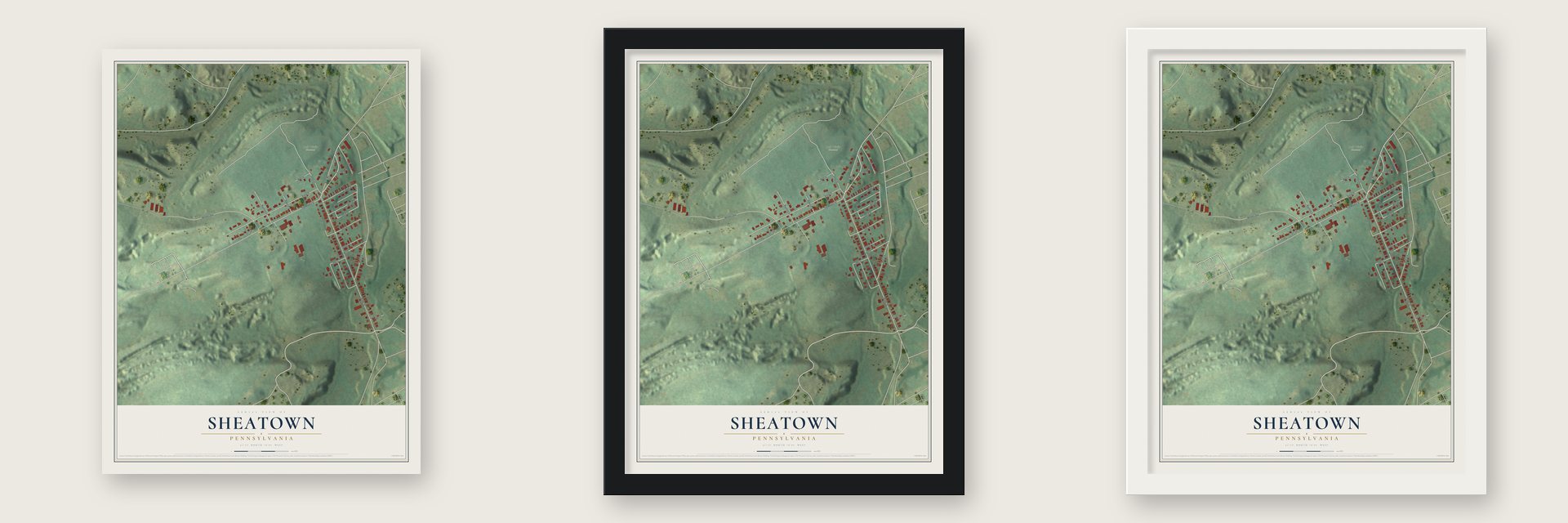 Sheatown, Pennsylvania map unframed, in a black wood frame and in a white wood frame