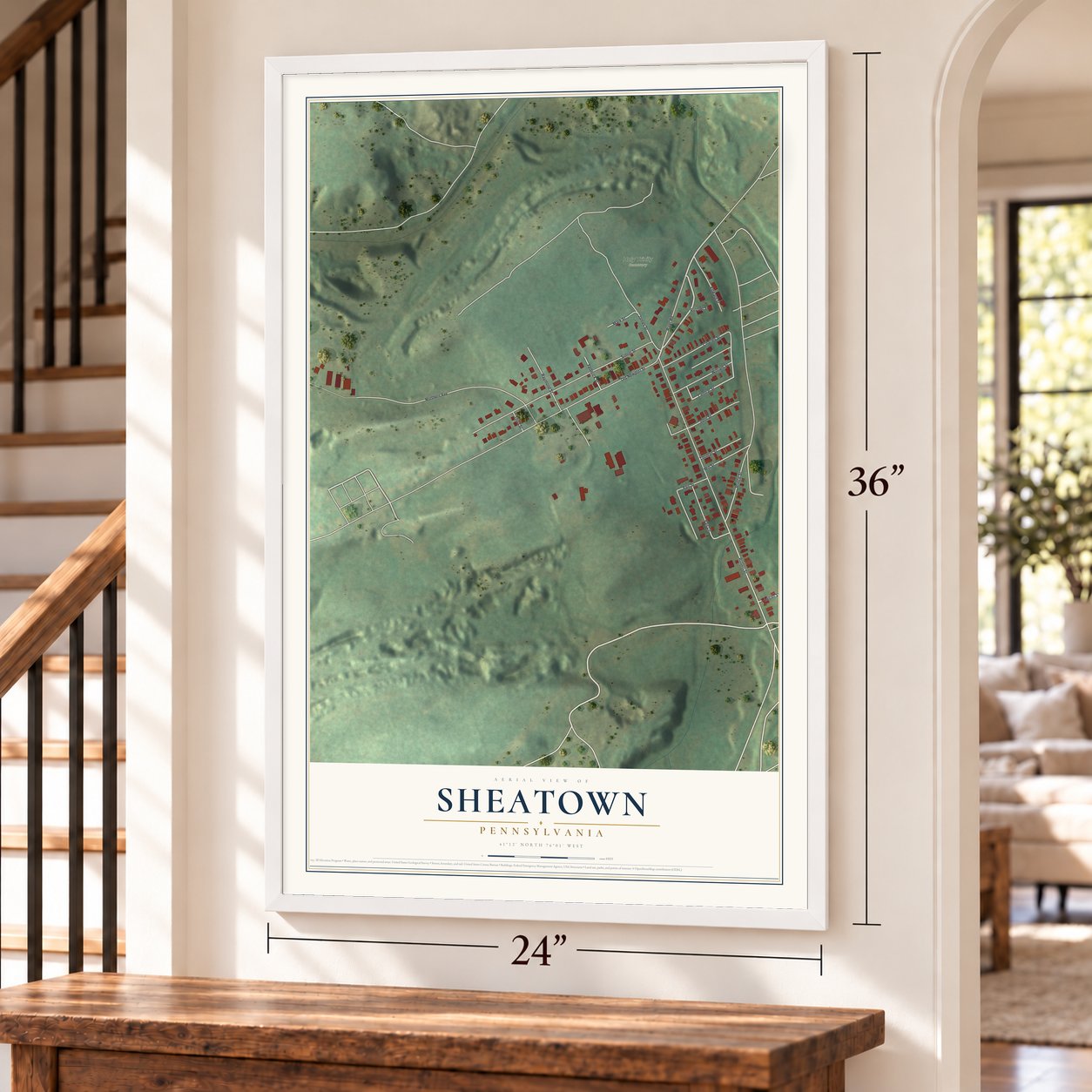 Sheatown, Pennsylvania map, 24 x 36 inch print in a white frame by a staircase