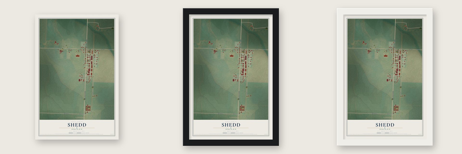 Shedd, Oregon map unframed, in a black wood frame and in a white wood frame