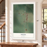Shedd, Oregon map, 24 x 36 inch print in a white frame by a staircase