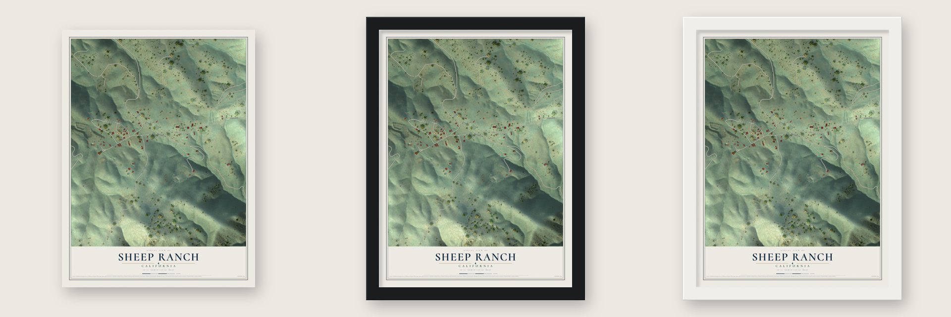 Sheep Ranch, California map unframed, in a black wood frame and in a white wood frame