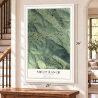 Sheep Ranch, California map, 24 x 36 inch print in a white frame by a staircase