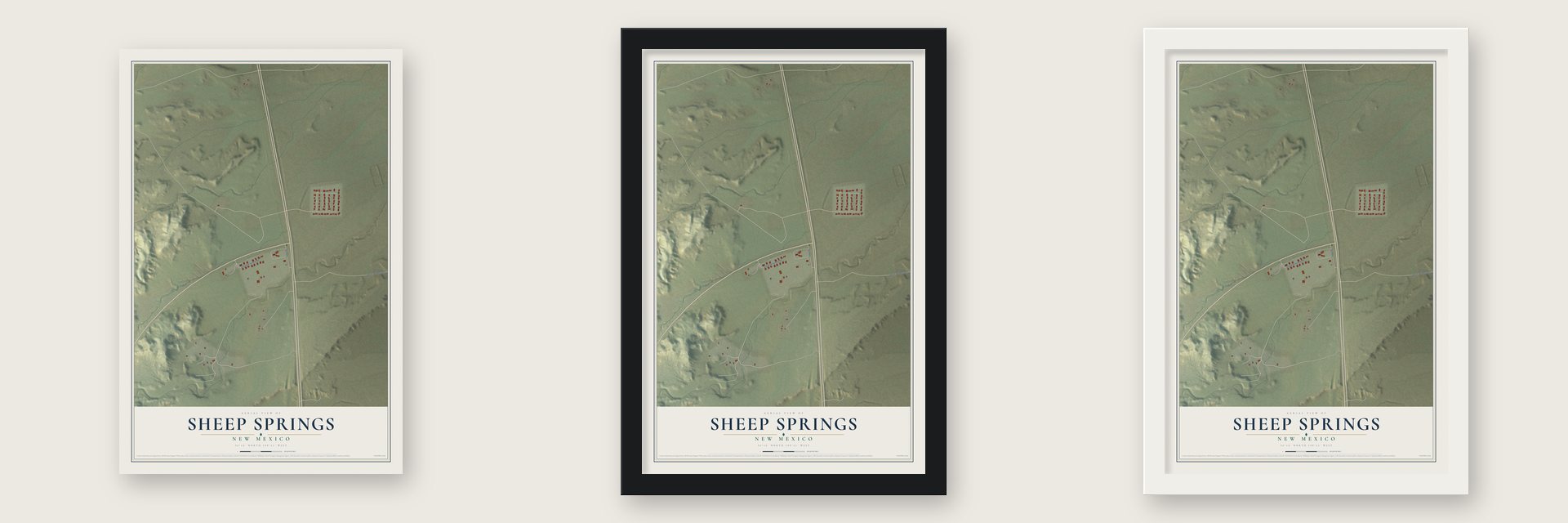 Sheep Springs, New Mexico map unframed, in a black wood frame and in a white wood frame