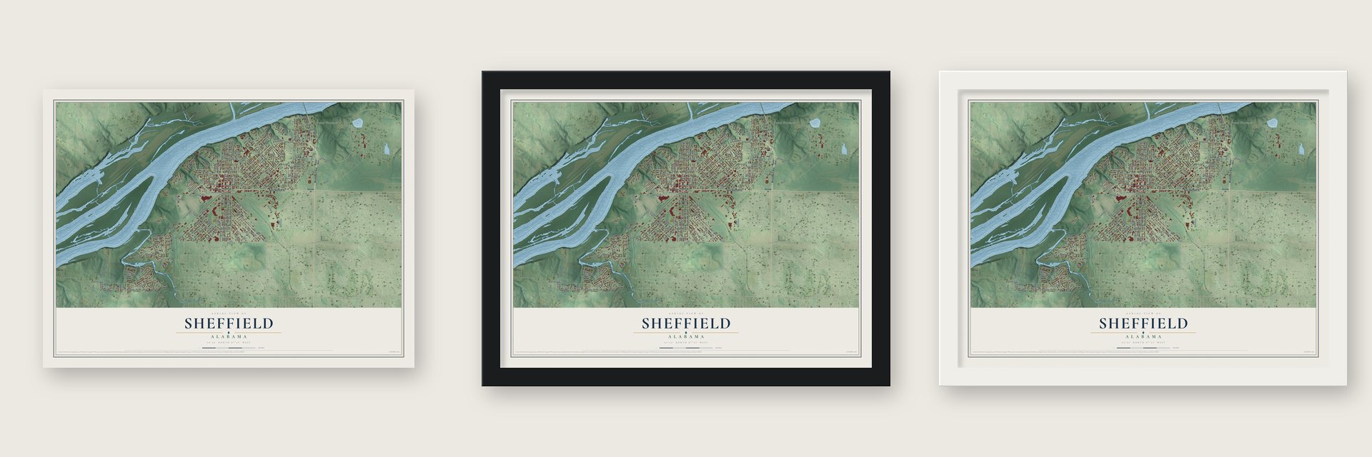 Sheffield, Alabama map unframed, in a black wood frame and in a white wood frame
