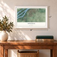Sheffield, Alabama map, 12 x 18 inch print in a white frame in an entryway