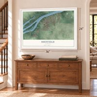 Sheffield, Alabama map, 24 x 36 inch print in a white frame above a dresser by a staircase