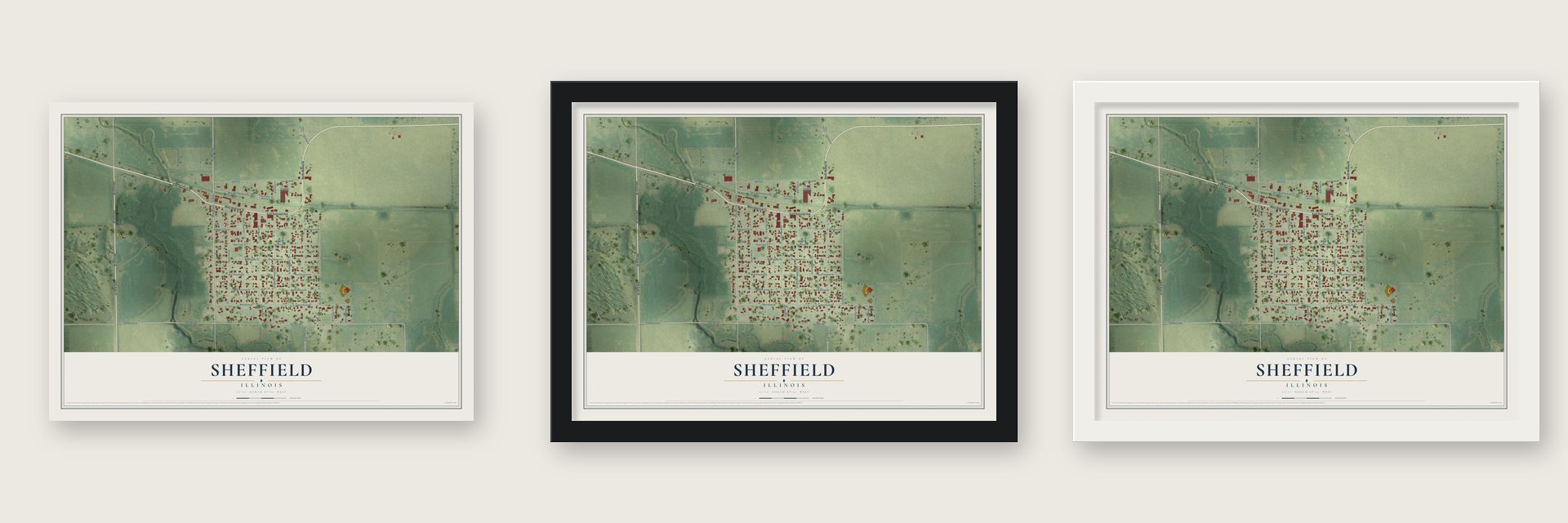 Sheffield, Illinois map unframed, in a black wood frame and in a white wood frame