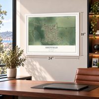 Sheffield, Illinois map, 18 x 24 inch print in a white frame in a home office