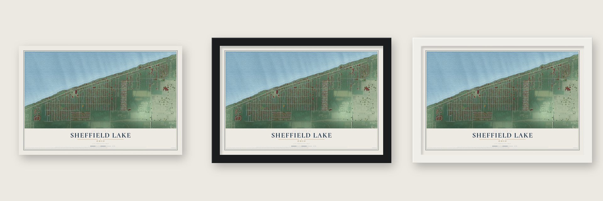 Sheffield Lake, Ohio map unframed, in a black wood frame and in a white wood frame