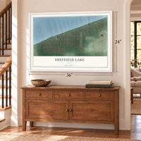 Sheffield Lake, Ohio map, 24 x 36 inch print in a white frame above a dresser by a staircase