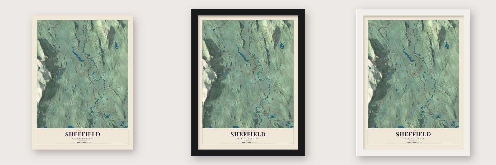 Sheffield, Massachusetts map unframed, in a black wood frame and in a white wood frame