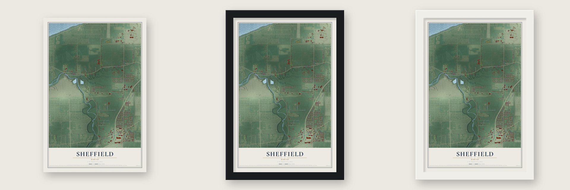Sheffield, Ohio map unframed, in a black wood frame and in a white wood frame