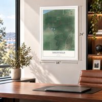 Sheffield, Ohio map, 18 x 24 inch print in a white frame in a home office