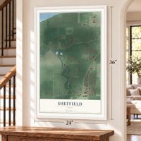 Sheffield, Ohio map, 24 x 36 inch print in a white frame by a staircase