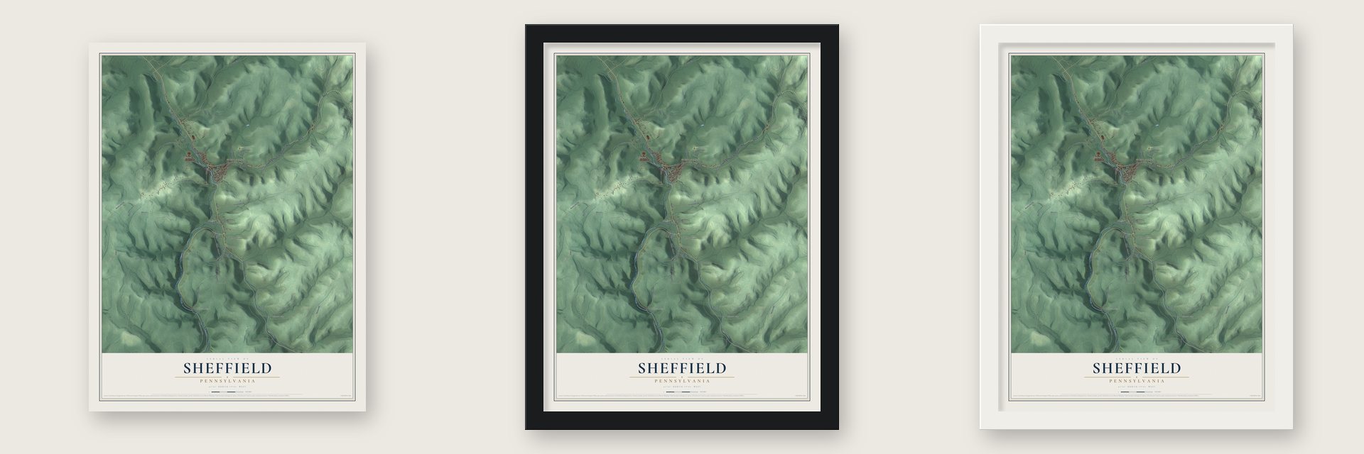 Sheffield, Pennsylvania map unframed, in a black wood frame and in a white wood frame