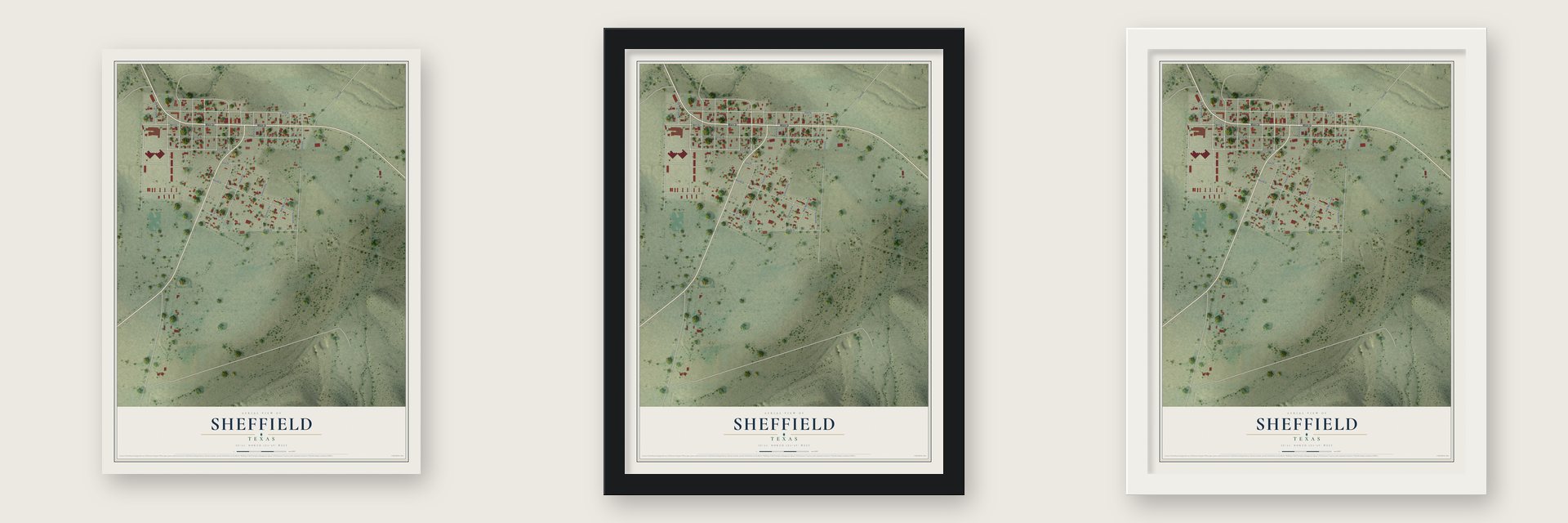 Sheffield, Texas map unframed, in a black wood frame and in a white wood frame