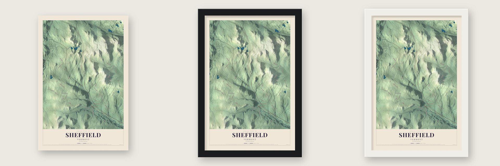 Sheffield, Vermont map unframed, in a black wood frame and in a white wood frame