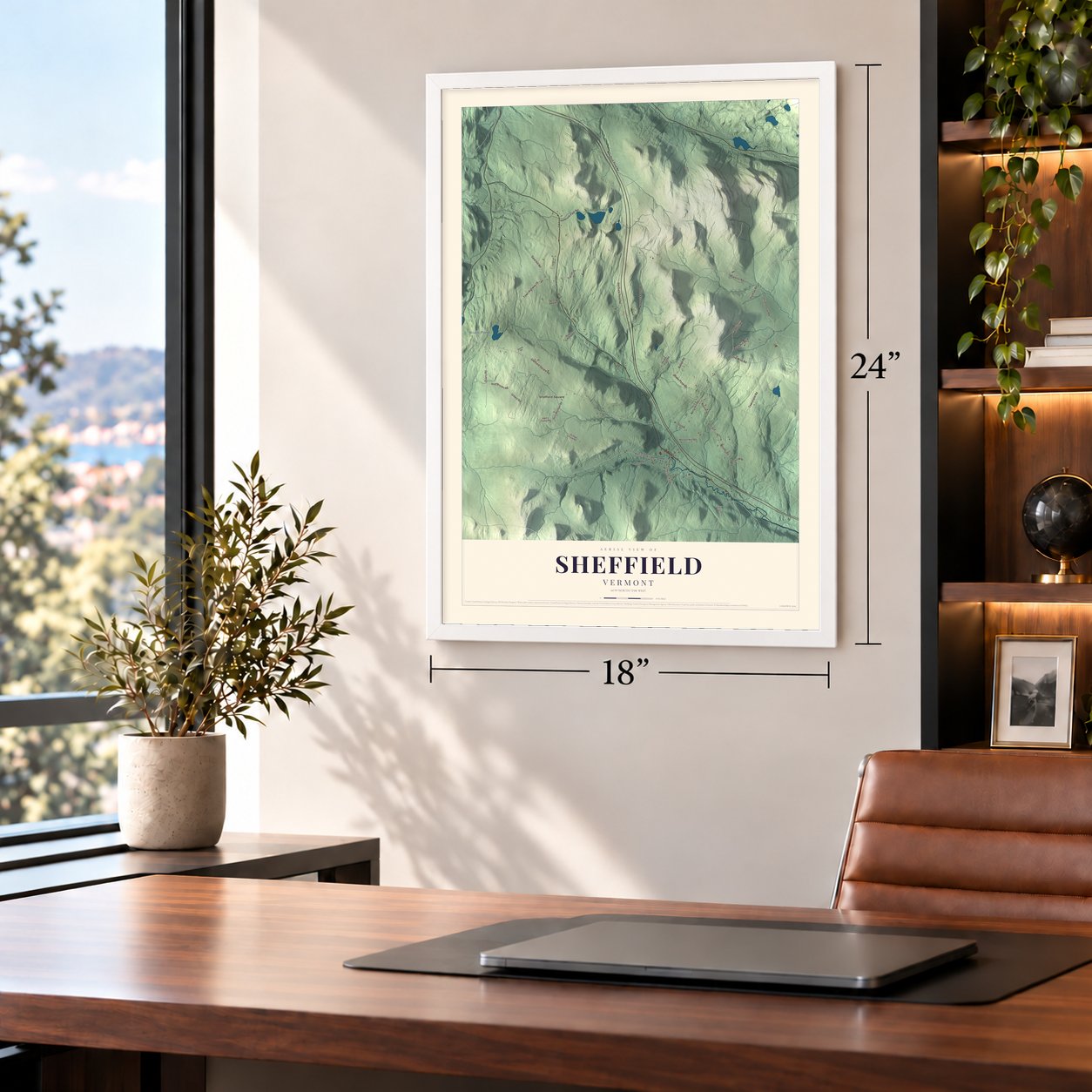 Sheffield, Vermont map, 18 x 24 inch print in a white frame in a home office