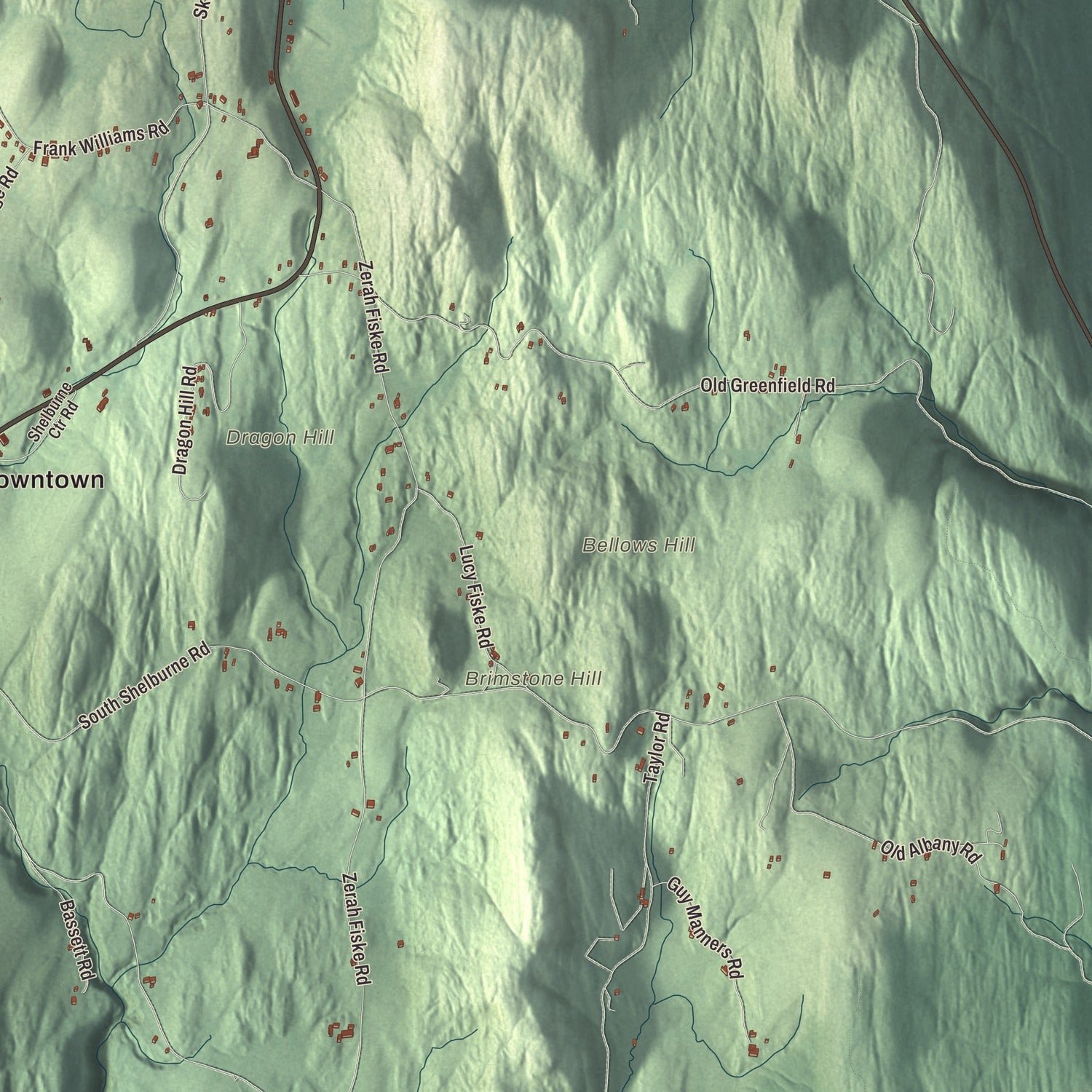 Close-up of the map of Shelburne, Massachusetts print showing terrain and local geography