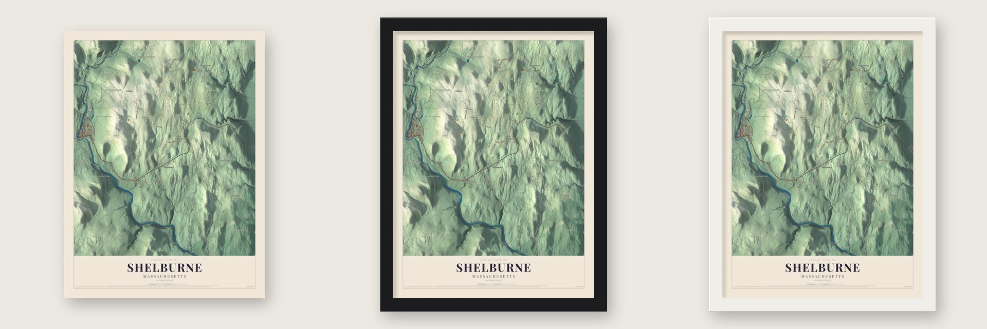 Shelburne, Massachusetts map unframed, in a black wood frame and in a white wood frame