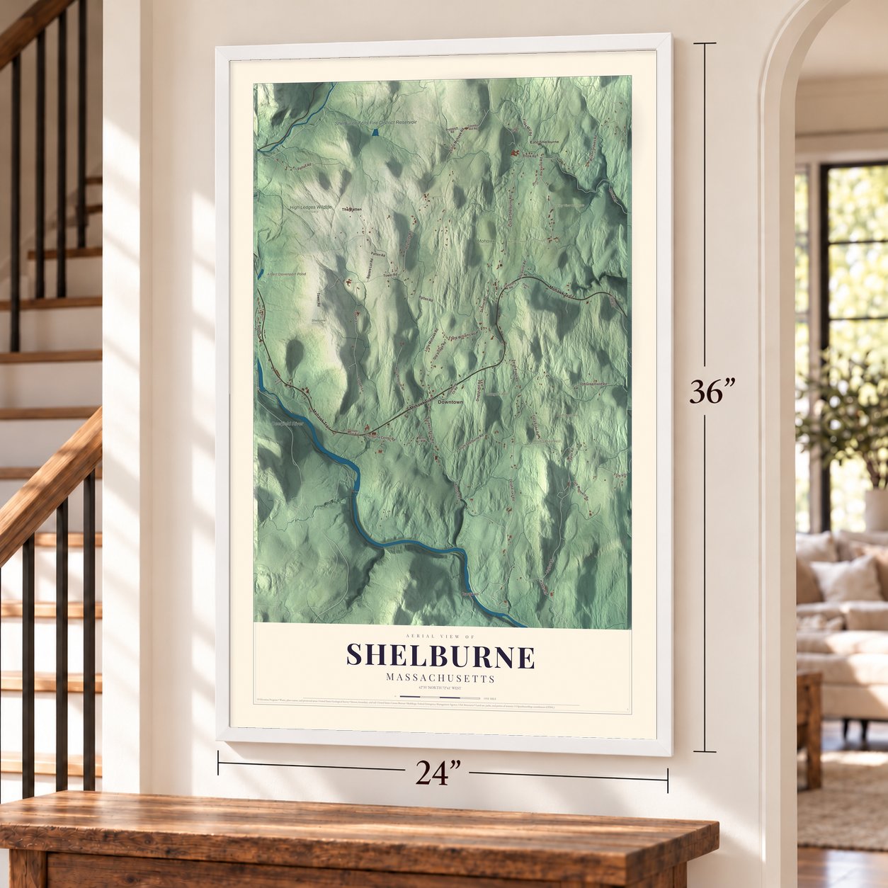 Shelburne, Massachusetts map, 24 x 36 inch print in a white frame by a staircase