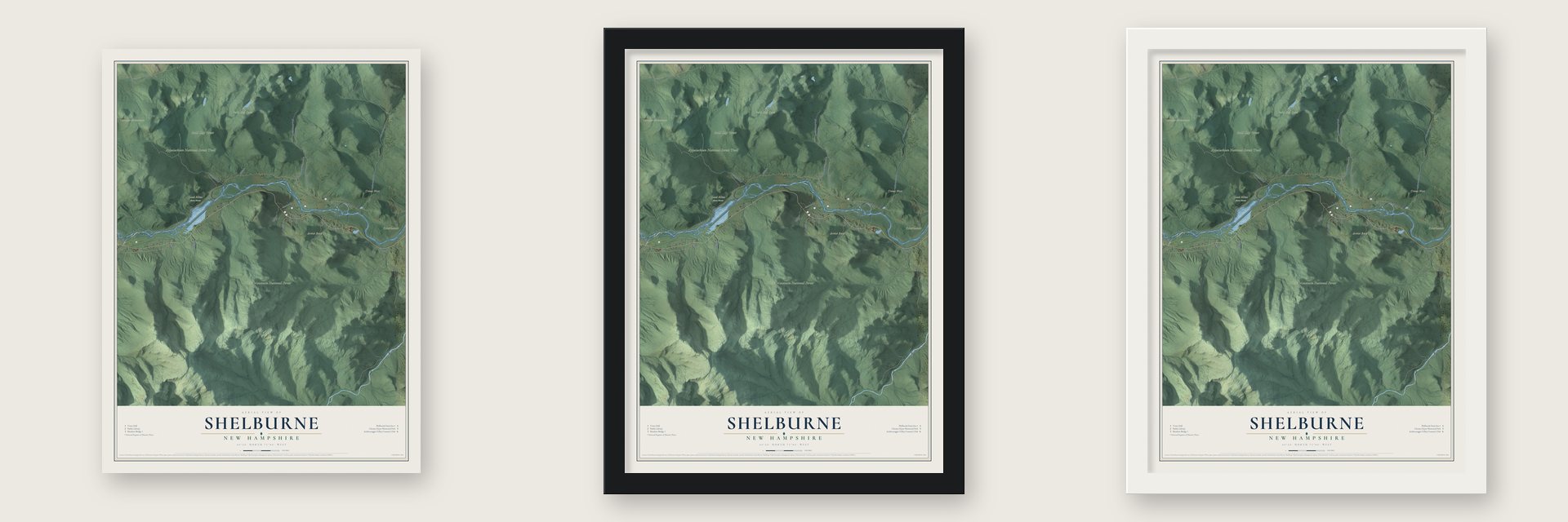Shelburne, New Hampshire map unframed, in a black wood frame and in a white wood frame