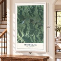 Shelburne, New Hampshire map, 24 x 36 inch print in a white frame by a staircase