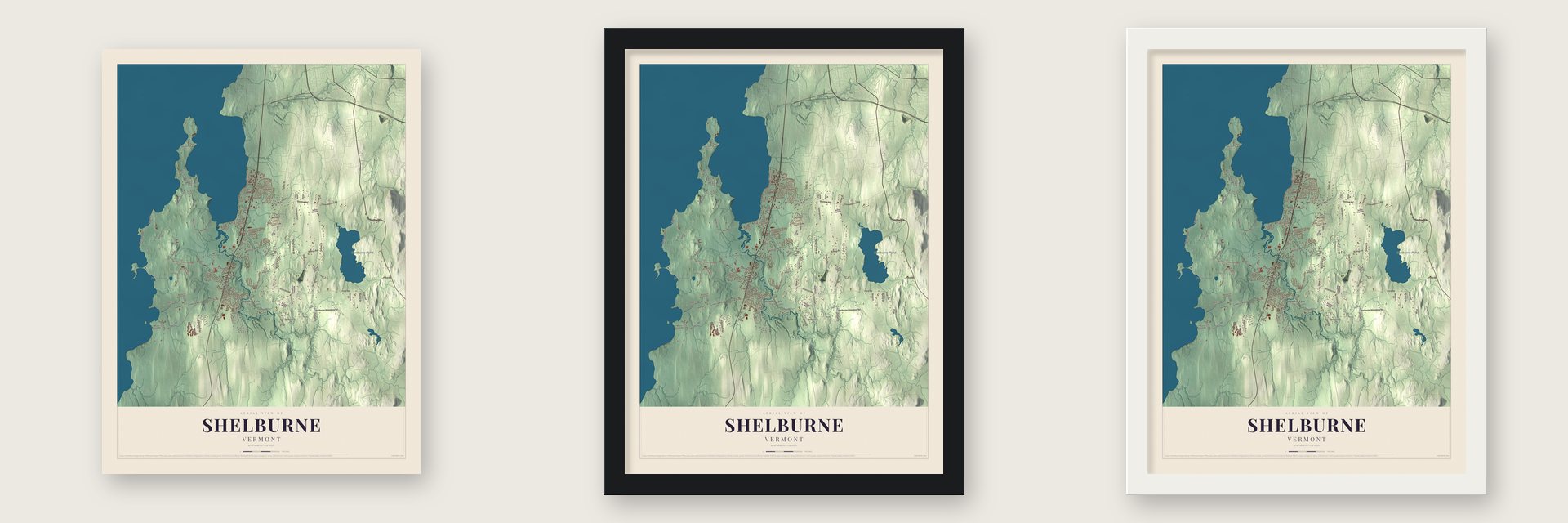 Shelburne, Vermont map unframed, in a black wood frame and in a white wood frame