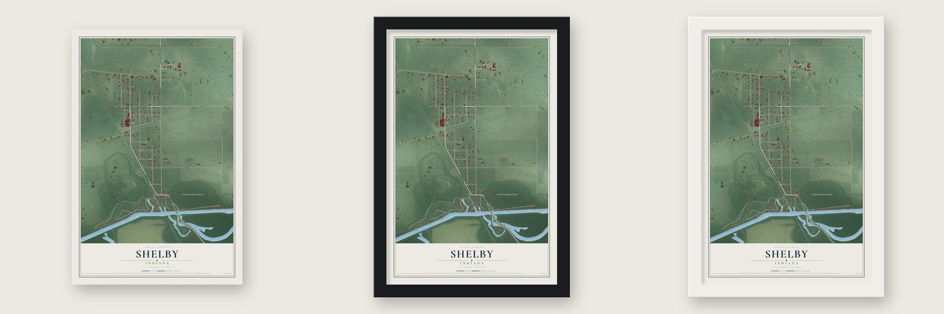 Shelby, Indiana map unframed, in a black wood frame and in a white wood frame