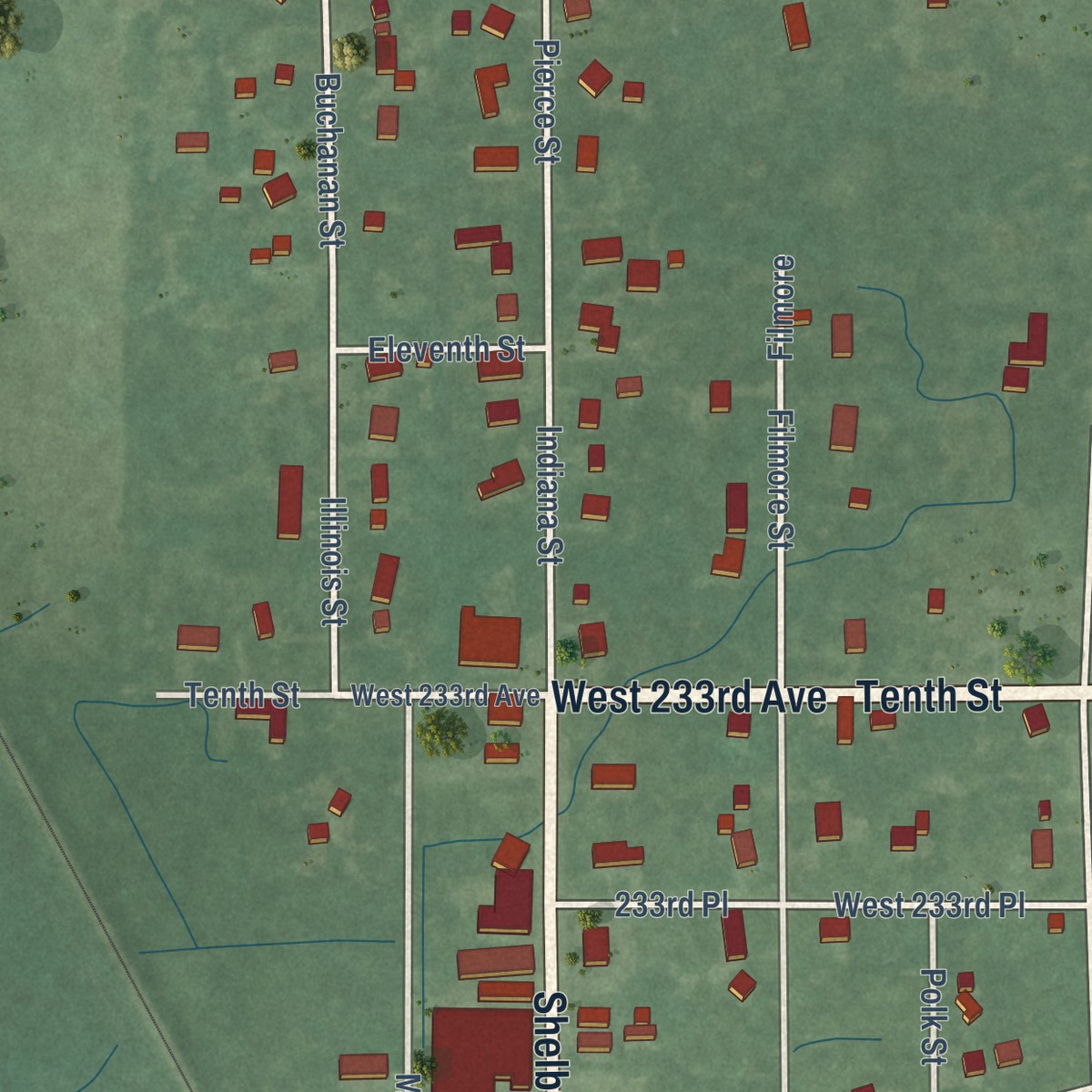 Second close-up of the map of Shelby, Indiana print showing more streets and buildings
