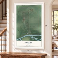 Shelby, Indiana map, 24 x 36 inch print in a white frame by a staircase