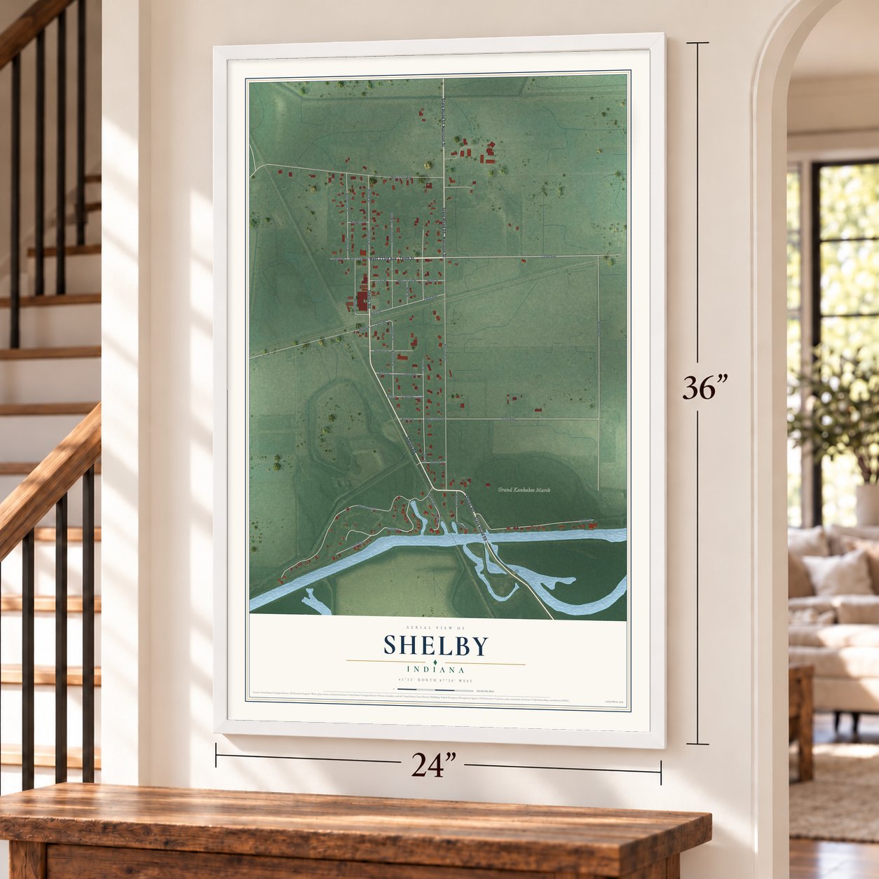 Shelby, Indiana map, 24 x 36 inch print in a white frame by a staircase