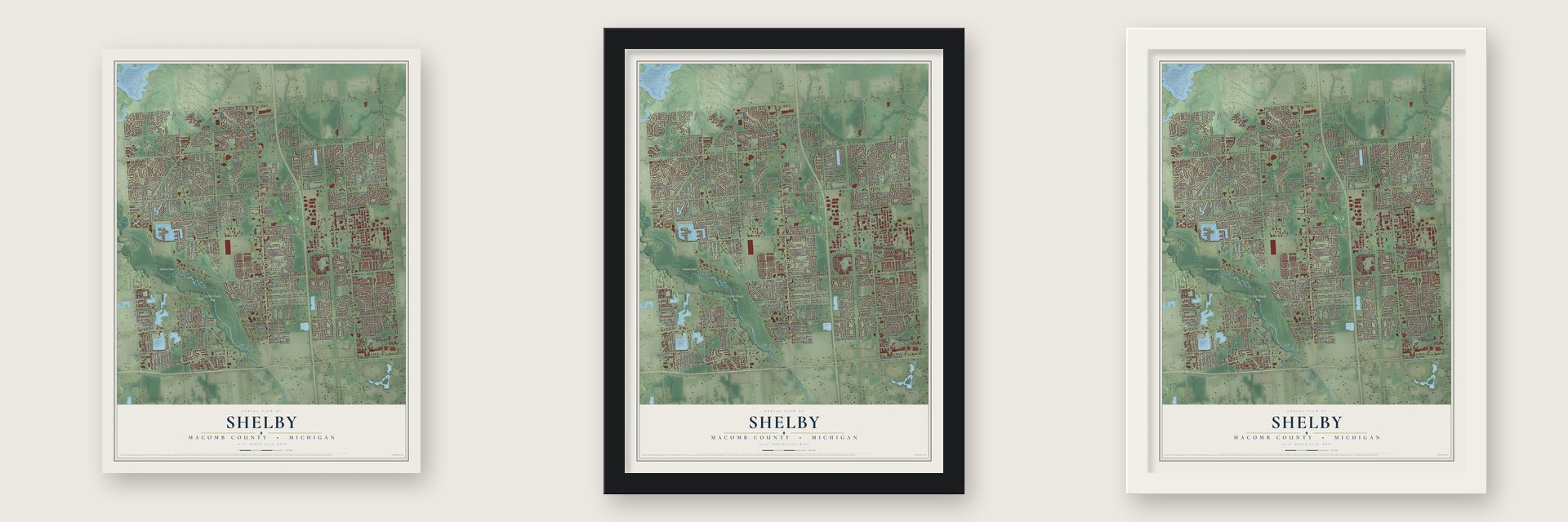 Shelby, Macomb County, Michigan map unframed, in a black wood frame and in a white wood frame