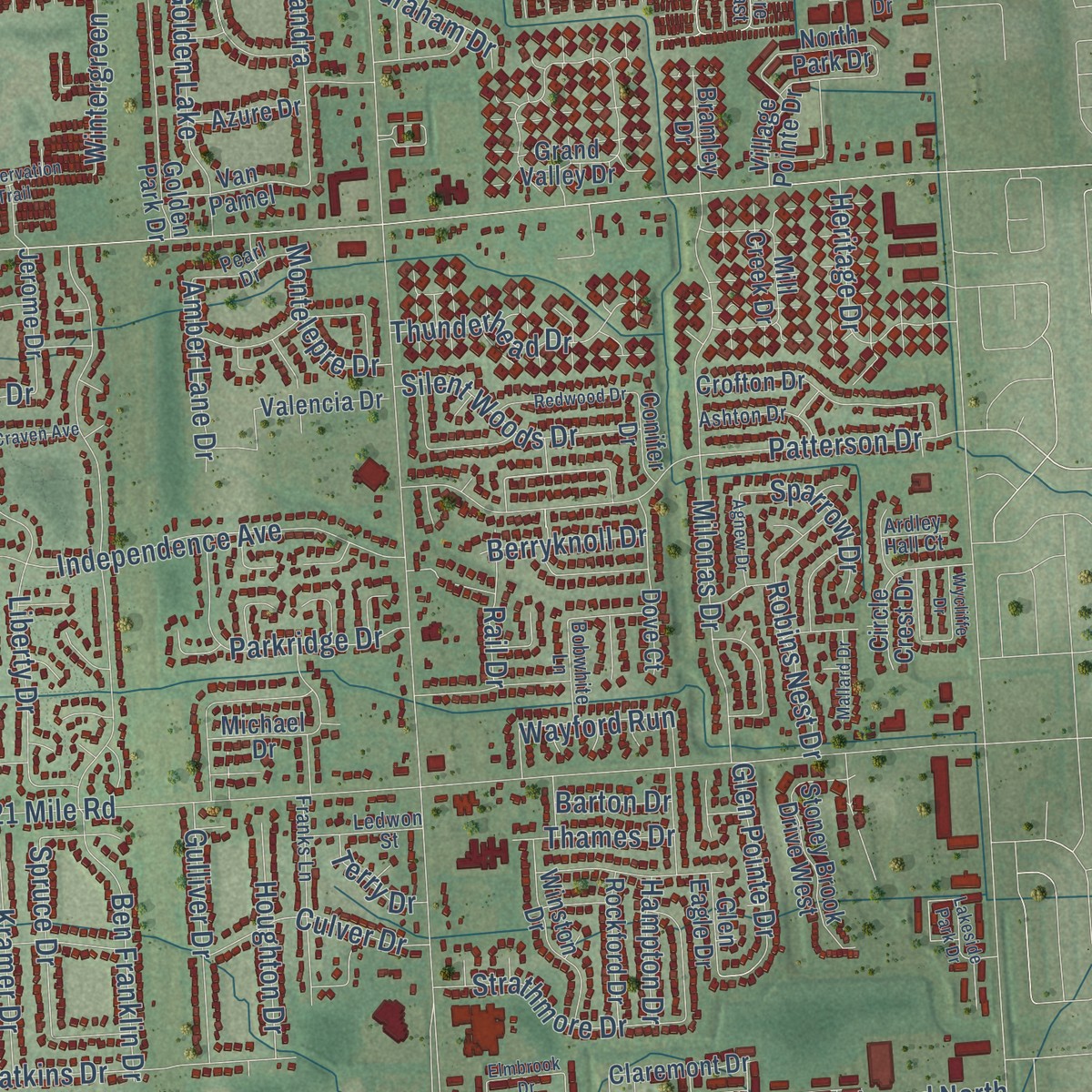 Second close-up of the map of Shelby, Macomb County, Michigan print showing more streets and buildings