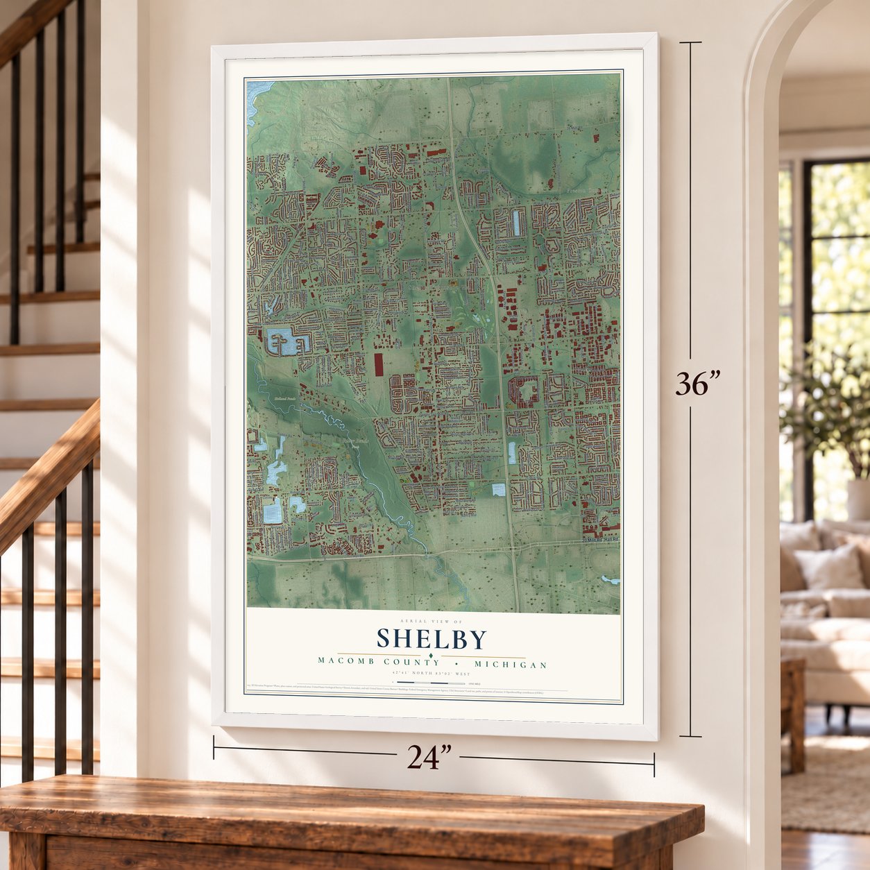 Shelby, Macomb County, Michigan map, 24 x 36 inch print in a white frame by a staircase