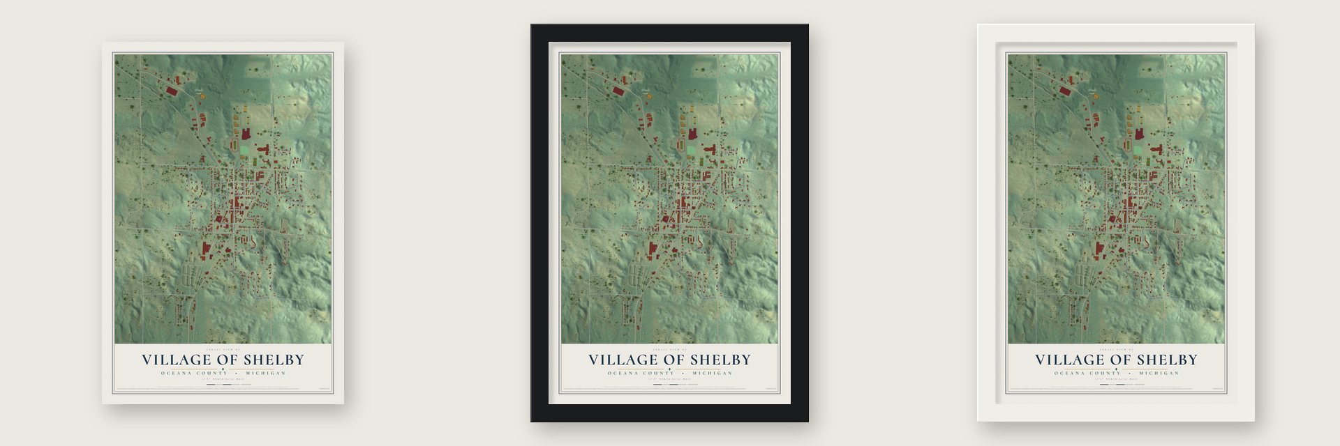 Shelby, Michigan map unframed, in a black wood frame and in a white wood frame