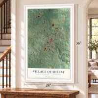 Shelby, Michigan map, 24 x 36 inch print in a white frame by a staircase