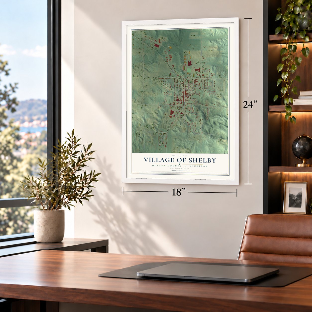 Shelby, Michigan map, 18 x 24 inch print in a white frame in a home office
