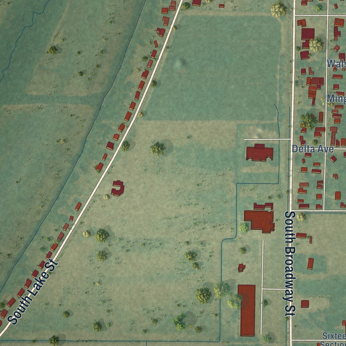 Second close-up of the map of Shelby, Mississippi print showing more streets and buildings