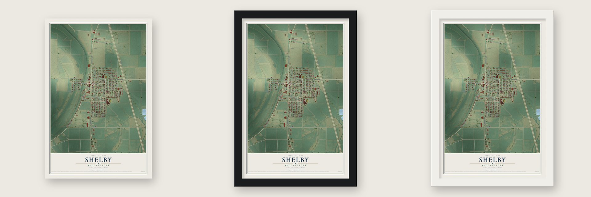 Shelby, Mississippi map unframed, in a black wood frame and in a white wood frame