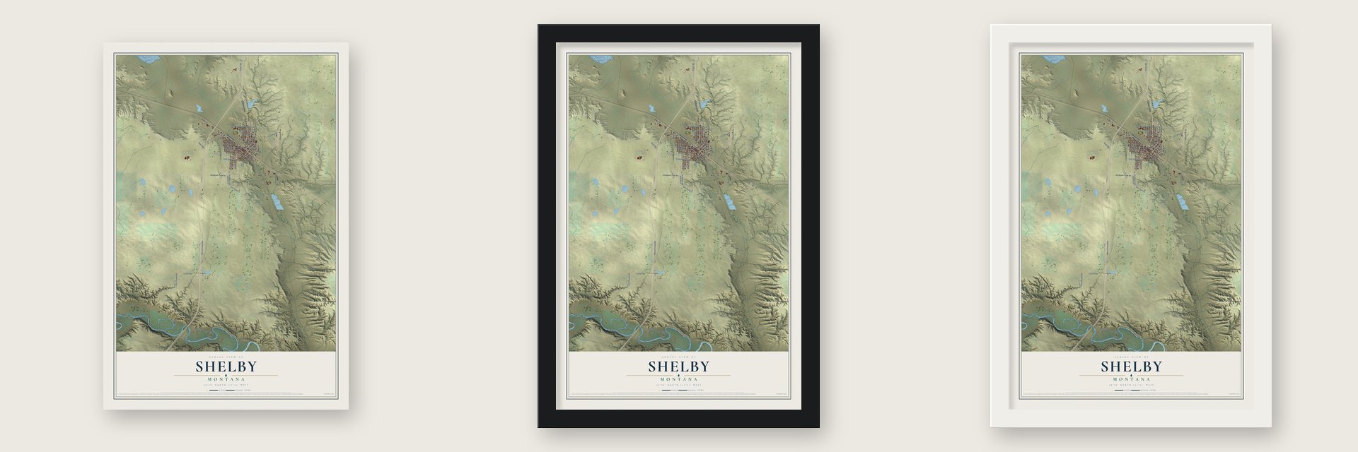Shelby, Montana map unframed, in a black wood frame and in a white wood frame