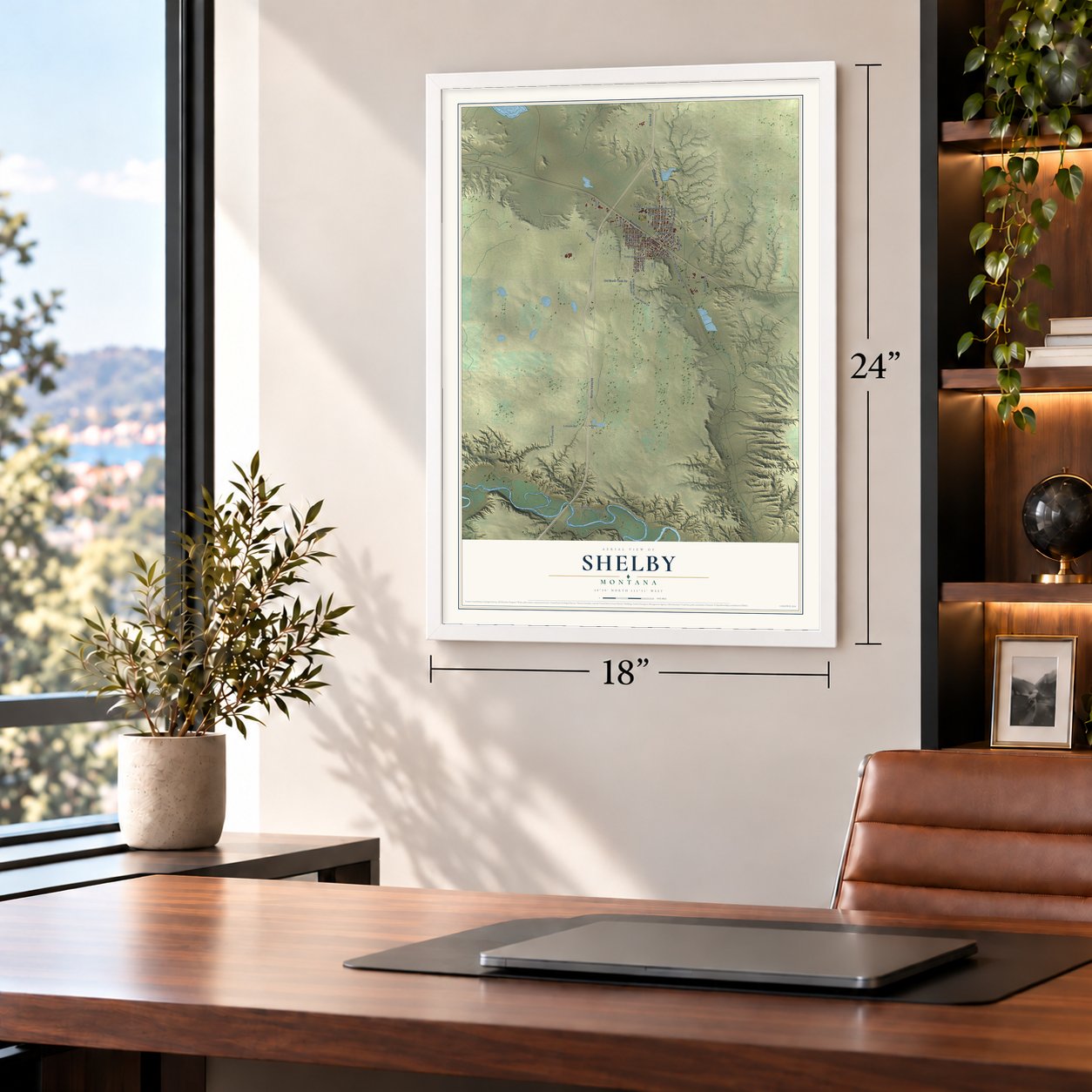 Shelby, Montana map, 18 x 24 inch print in a white frame in a home office