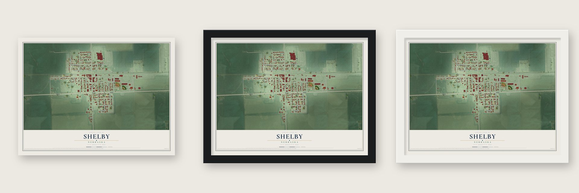 Shelby, Nebraska map unframed, in a black wood frame and in a white wood frame