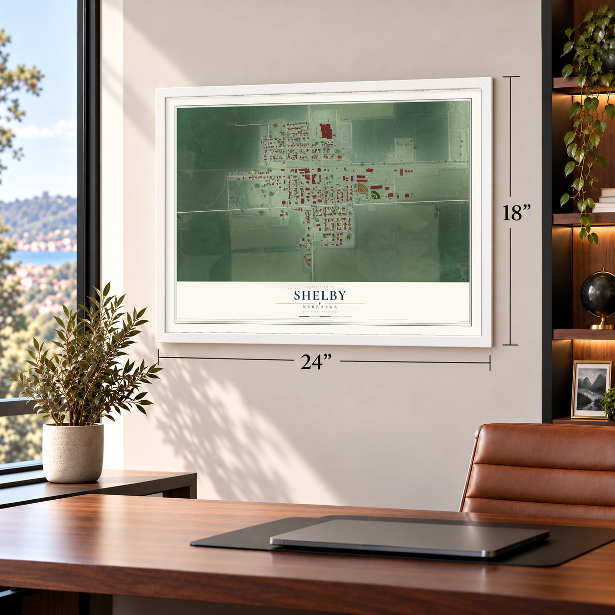 Shelby, Nebraska map, 18 x 24 inch print in a white frame in a home office