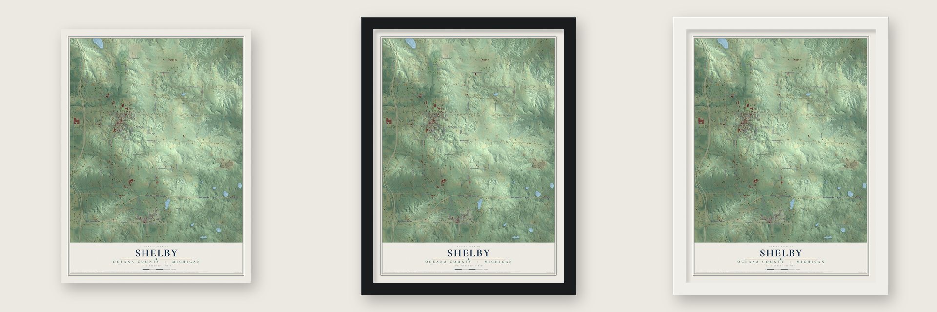 Shelby, Oceana County, Michigan map unframed, in a black wood frame and in a white wood frame
