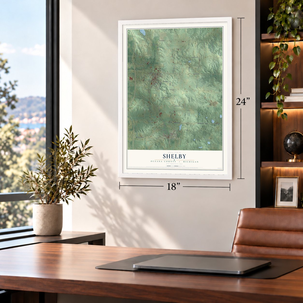 Shelby, Oceana County, Michigan map, 18 x 24 inch print in a white frame in a home office