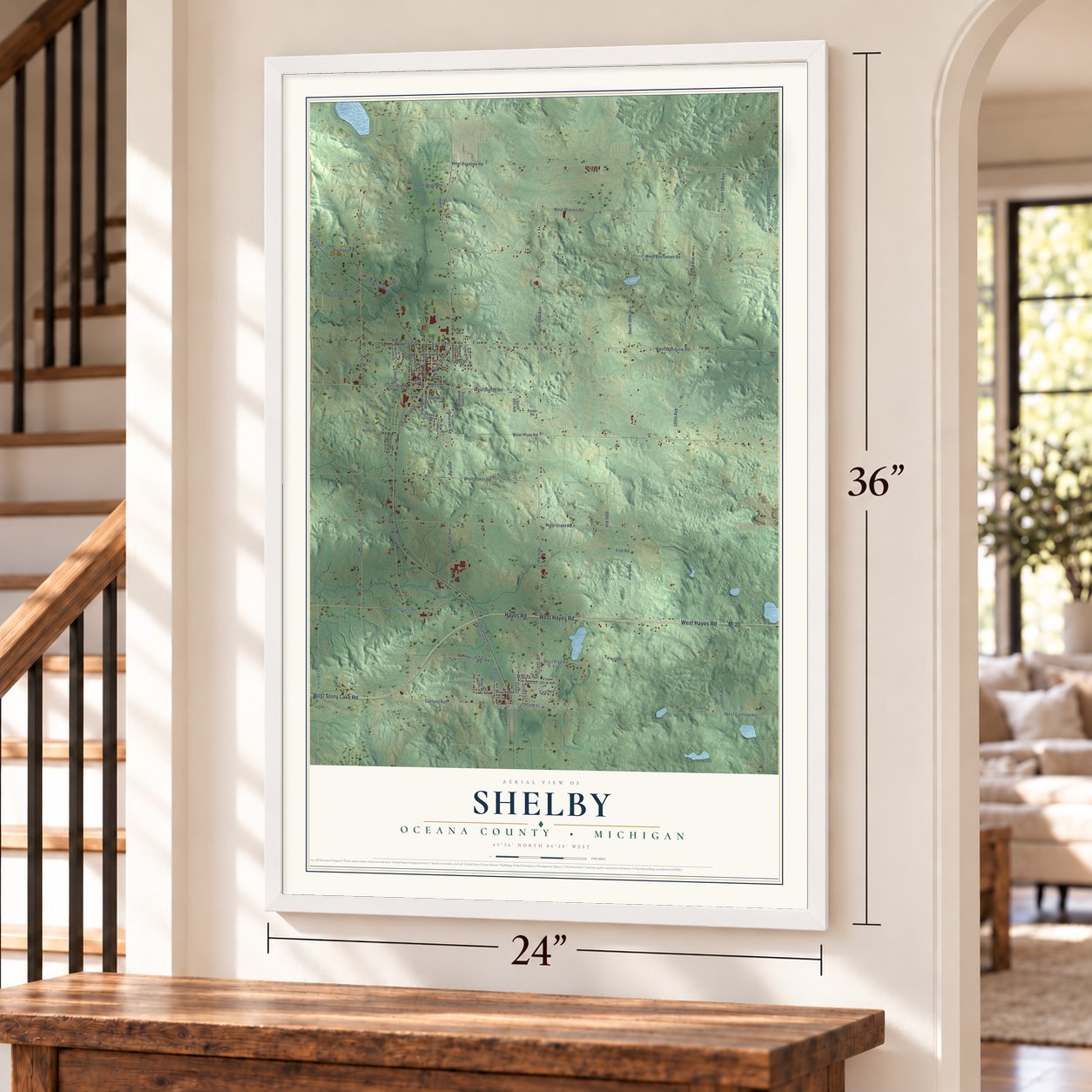 Shelby, Oceana County, Michigan map, 24 x 36 inch print in a white frame by a staircase