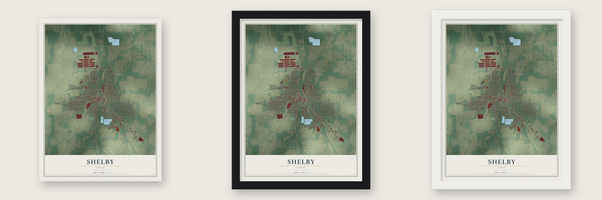 Shelby, Ohio map unframed, in a black wood frame and in a white wood frame