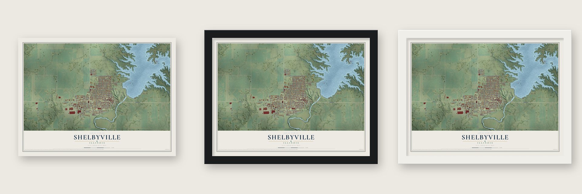 Shelbyville, Illinois map unframed, in a black wood frame and in a white wood frame