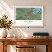 Shelbyville, Illinois map, 12 x 18 inch print in a white frame in an entryway